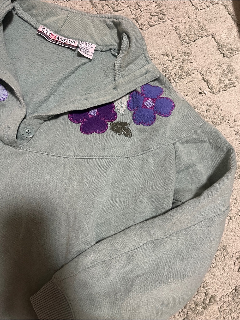 Chinawear Sage Green Pullover with Purple Floral Embroidery